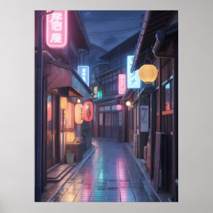 Cyberpunk Japan Straat Neon Stadslandschap Anime m Poster