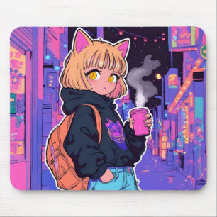 Cyberpunk Kat Girl Muismat – Neon Esthetiek