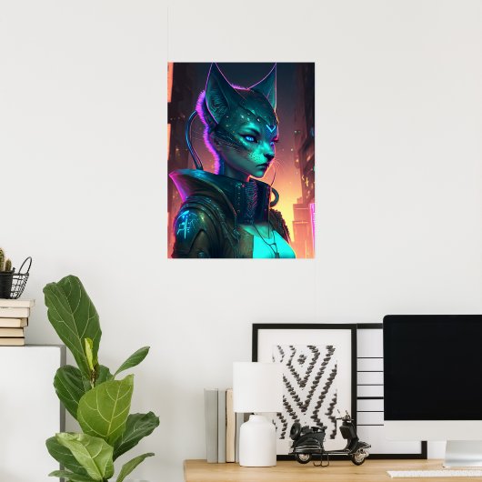 Cyberpunk kattenvrouw in neonstad poster (Thuiskantoor)