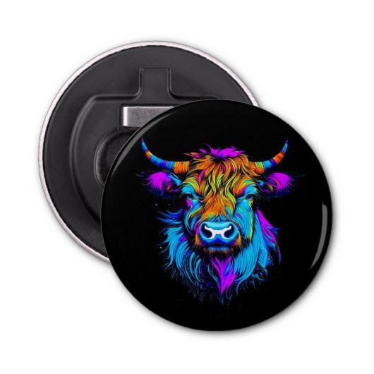 Cyberpunk Kleurrijke Ai Highland Koe Button Flesopener (Voorkant)