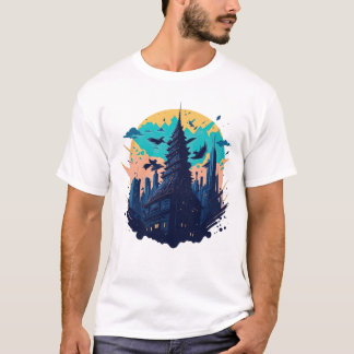 Cyberpunk kleurrijke stad in Waterverf stijl T-shirt