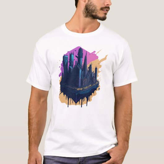 Cyberpunk kleurrijke stad in Waterverf stijl T-shirt (Voorkant)