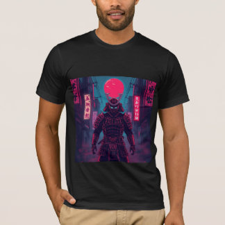 Cyberpunk krijger onder rode maan t-shirt