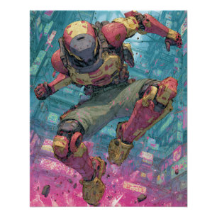 Cyberpunk Mecha Piloot Sprong Neon Stad Actie Kuns Perfect Poster