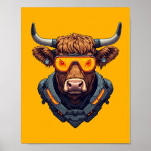 Cyberpunk Mecha Schotse Hooglanders Koe Neon Oranj Poster
