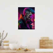 Cyberpunk meisje in neonstad poster (Keuken)