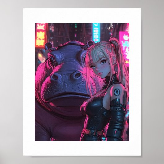 Cyberpunk Moodengcoin Waifu & Hippo Crypto Poster (Voorkant)