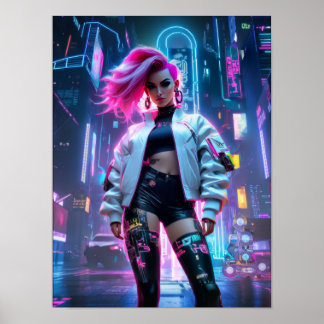 Cyberpunk mooie vrouw in toekomstige stad poster