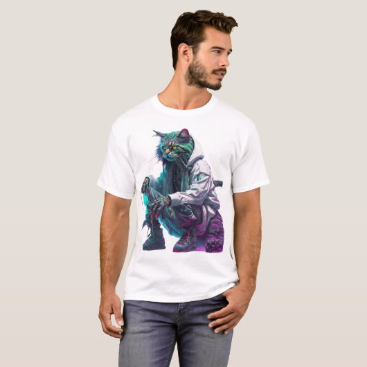 Cyberpunk Neon Cat in Urban Streetwear T-shirt (Voorkant volledig)