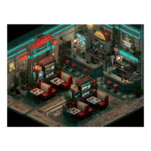 Cyberpunk Neon Diner Isometrische Kunst Perfect Poster