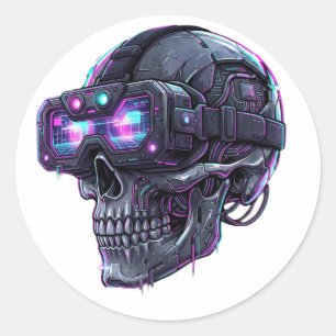 Cyberpunk Neon Glitch VR Schedel Gamer Grafisch Ronde Sticker