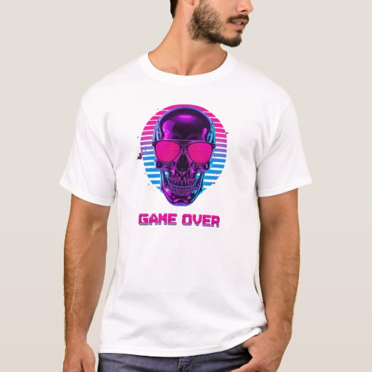 Cyberpunk Neon Skull Game Over T-Shirt in Pink and (Devant)