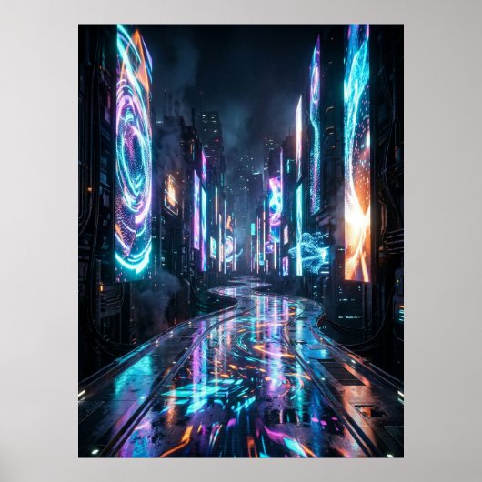 Cyberpunk Neon Stad Toekomstige Weg Poster (Voorkant)