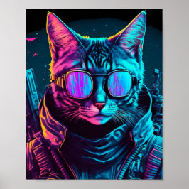 Cyberpunk neon twilight cat poster