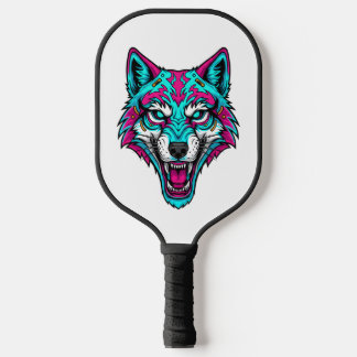 Cyberpunk Neon Wolf - Synthwave Robotdier Pickleball Paddle
