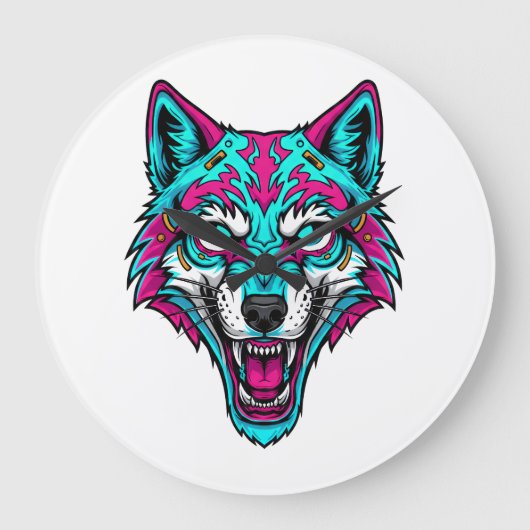 Cyberpunk Neon Wolf - Synthwave Robotic Animal Grote Klok (Voorkant)