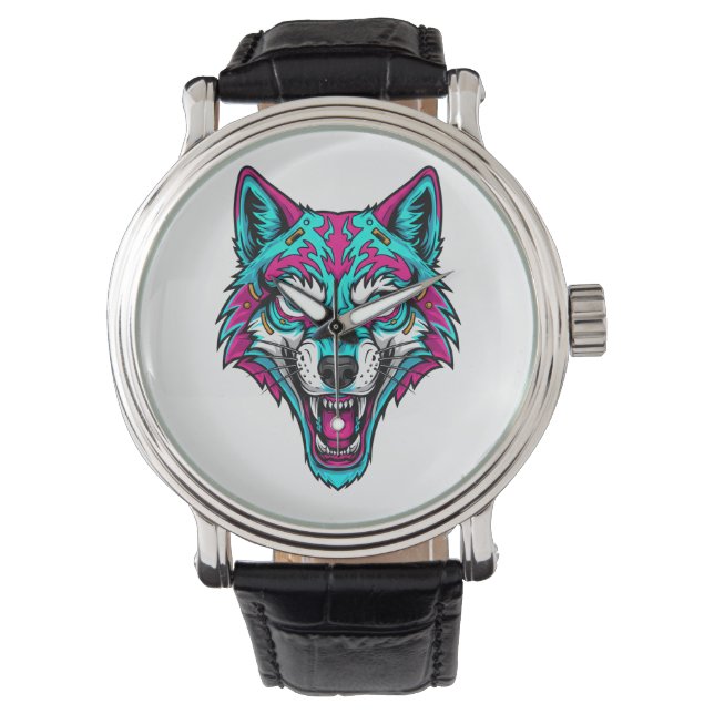 Cyberpunk Neon Wolf - Synthwave Robotic Animal Horloge (Voorkant)