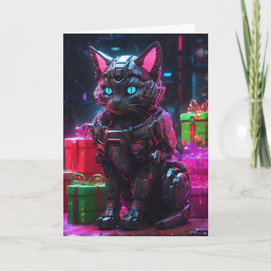 Cyberpunk Robot Kat Kerstmis Feestdagen Kaart (Voorkant)