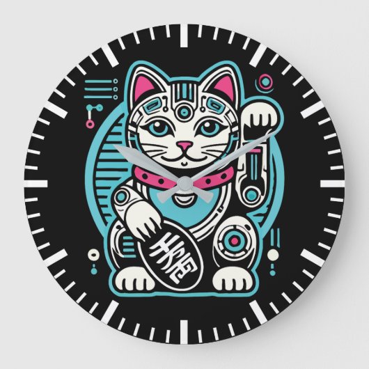 Cyberpunk Robot Maneki Neko Lucky Cat, Geld Grote Klok (Voorkant)