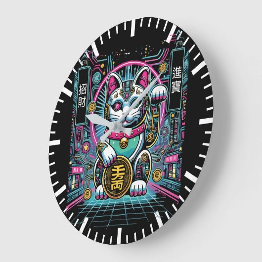 Cyberpunk Robot Maneki Neko Lucky Cat, Geld Grote Klok (Hoek)