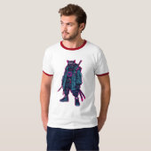Cyberpunk Samurai Cat Neon Anime Art T-shirt (Voorkant volledig)