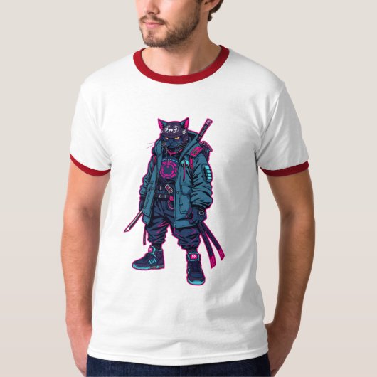 Cyberpunk Samurai Cat Neon Anime Art T-shirt (Voorkant)