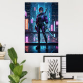 Cyberpunk Samurai Girl | Neon City Warrior Poster (Bureau à domicile)