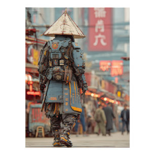 Cyberpunk Samurai Mecha Kegelvormige Hoed Foto Afdruk