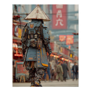 Cyberpunk Samurai Mecha Kegelvormige Hoed Perfect Poster