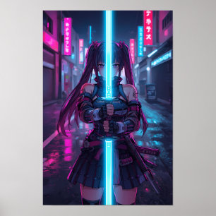 Cyberpunk Samurai Meisje Neon Katana Anime Poster