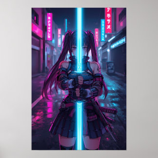 Cyberpunk Samurai Meisje Neon Katana Anime Poster