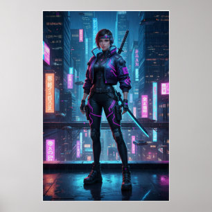 Cyberpunk Samurai Meisje Neon Stad Warrior Poste Poster