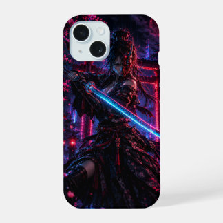 Cyberpunk Samurai Woman – Neon Ronin iPhone 15 Hoesje