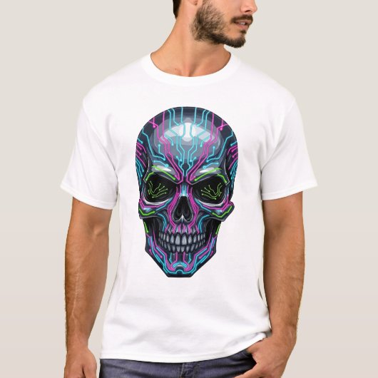 Cyberpunk Skeleton T-Shirt – Futuristic Neon Skull (Devant)