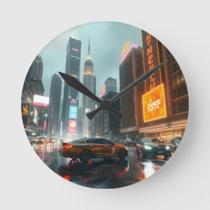 Cyberpunk Skyscrapper City Cars Ronde Klok