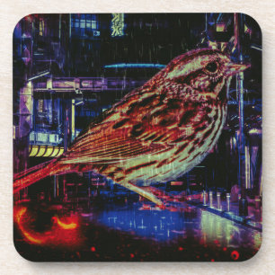 Cyberpunk Sparrow in Neon CityScape Bier Onderzetter