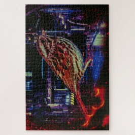 Cyberpunk Sparrow in Neon CityScape Legpuzzel