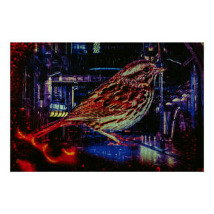Cyberpunk Sparrow in Neon CityScape Perfect Poster