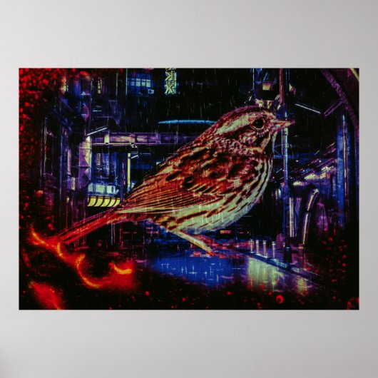 Cyberpunk Sparrow in Neon CityScape Poster (Voorkant)