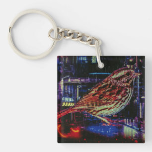 Cyberpunk Sparrow in Neon CityScape Sleutelhanger
