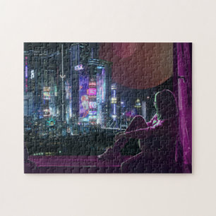 cyberpunk stad skyline meisje scifi synthwave legpuzzel