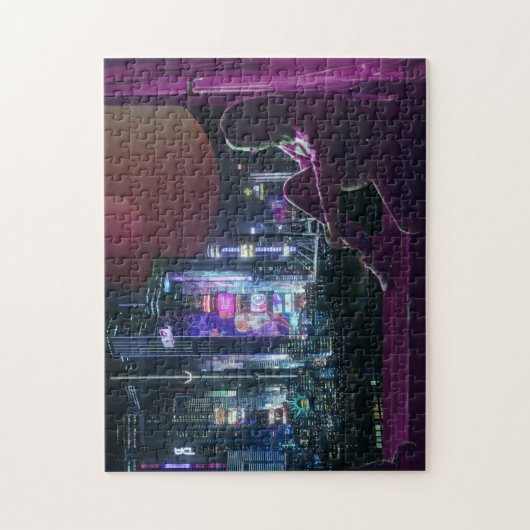 cyberpunk stad skyline meisje scifi synthwave legpuzzel (Verticaal)