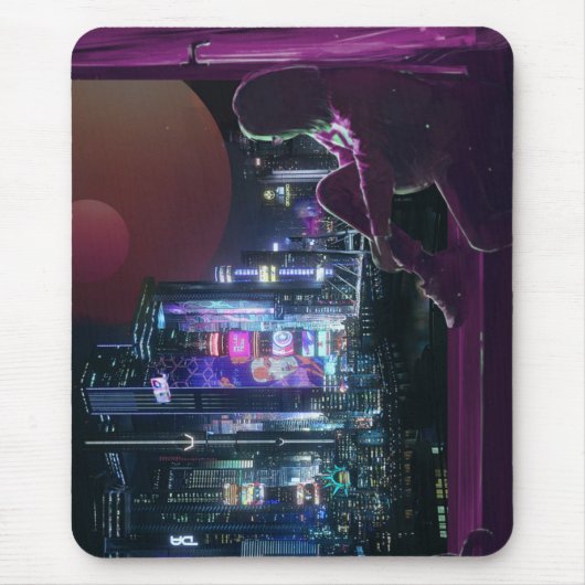 cyberpunk stad skyline meisje scifi synthwave muismat (Voorkant)