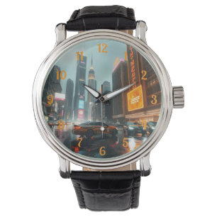 Cyberpunk Stad Wolkenkrabber Auto's Horloge