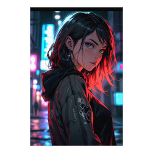 Cyberpunk Streetwear Anime Meisje Neon Nacht Stad Foto Afdruk