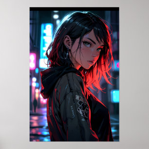 Cyberpunk Streetwear Anime Meisje Neon Nacht Stad Poster