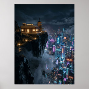 Cyberpunk-tempel boven neonstad poster