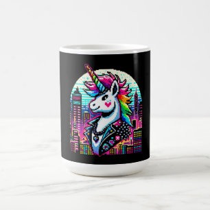 Cyberpunk Unicorn Neon Pixel Art Cityscape Design Koffiemok