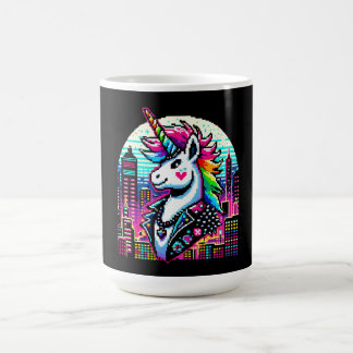 Cyberpunk Unicorn Neon Pixel Art Cityscape Design Koffiemok