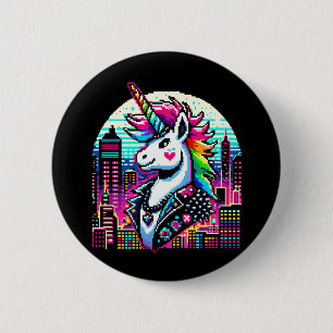 Cyberpunk Unicorn Neon Pixel Art Cityscape Design Ronde Button 5,7 Cm